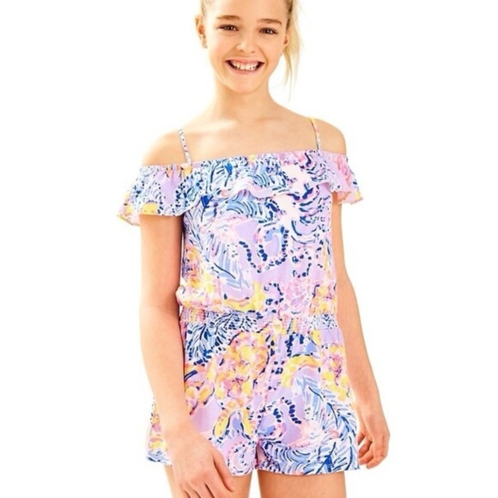 Lilly Pulitzer Girl's Emoni Romper Lilac Verbena Cold Shoulder Large 8-10